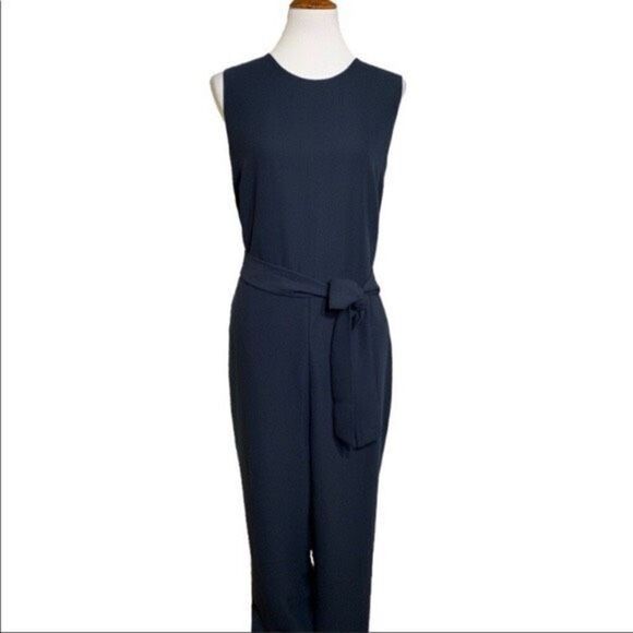 Banana Republic Tapered Leg Sleeveless Belted‎ Jumpsuit Preppy Pockets Navy 4 - Picture 3 of 16